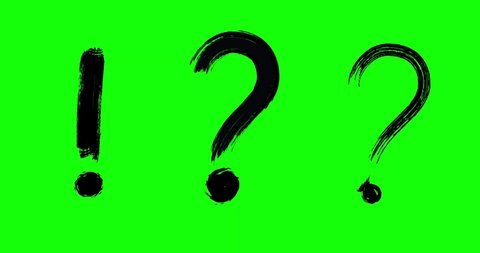 Set of hand drawn black exclamation, question marks on green screen. Animated punctuation marks in grunge texture style. Button marks, choice options, survey signs, vote, decision, web. Stock video 4k