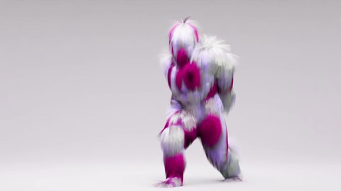 looping animation of Hairy 3d cartoon dancing, House dance, furious beast having fun, mascot looping, harmonious minimal modern movement design, fluffy monster, 3d render
