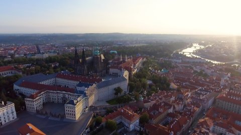 Panorama of Prague, aerial of the city, view from above on the cityscape of Prague, flight over the city, Area Old Town, Prague Castle and Vltava River, Czech Republic, Prague
