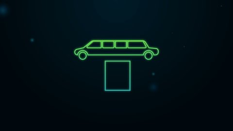 Glowing neon line Luxury limousine car and carpet icon isolated on black background. For world premiere celebrities and guests poster. 4K Video motion graphic animation.