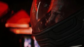 Caucasian male astronaut sits inside spaceship cockpit during landing, going through the atmosphere. Sci-fi space exploration concept. Mars mission. - Powered by Shutterstock - Get 15% off with code: PIKWIZARD15