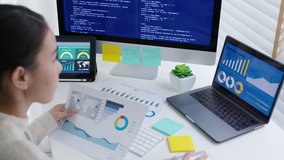 Back rear view of young asian woman, freelance data scientist work remotely at home coding programing on Big data mining, AI data engineering, IT Technician Works on Artificial Intelligence Project. - Powered by Shutterstock - Get 15% off with code: PIKWIZARD15