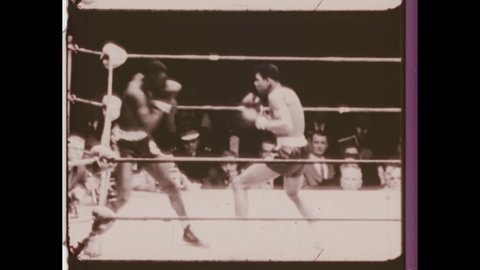 1960s Louisville, KY. Cassius Clay, later Muhammad Ali, describes his Golden Gloves Fight at Cardinal Stadium. Footage of the young Boxer Dancing in the Ring. 4K Overscan of Archival 16mm Film Print