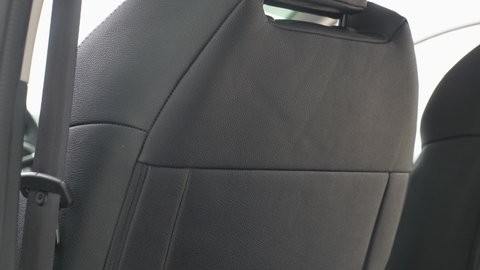 Black leather seat covers in car. Artificial leather seats in car. Luxury leather seats in car. Beautiful leather car interior, stylish and wear resistant.