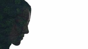 Double exposure silhouette. Nature protection. Sustainable Earth. Ecology problem. Forest with dust in air motion in profile outline of tender woman face isolated on white copy space background. - Powered by Shutterstock - Get 15% off with code: PIKWIZARD15