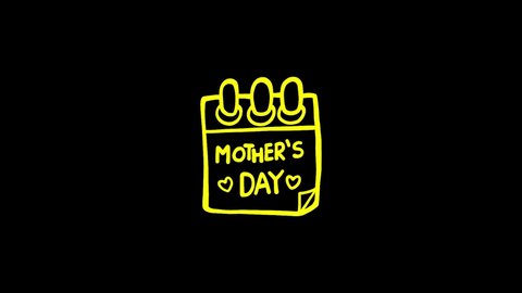 Calendar sheet icon with words Mother's Day moving lines on black background. 4K video seamless neon line animation. Mother's Day holiday