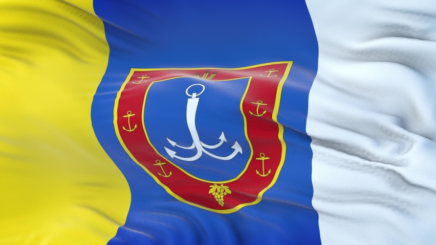 Odessa Oblast (province of Ukraine) flag waving in the wind with highly detailed fabric texture. Seamless loop