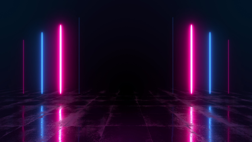 Abstract neon background with bright laser lights and reflections on the floor. 3d render of blue and pink rays. Night club music show animation. Seamless loop. | Shutterstock HD Video #1067820308