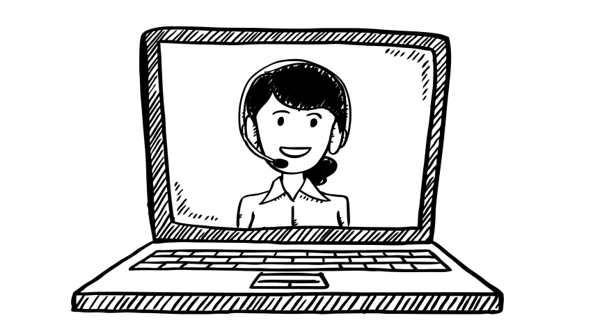 Black and white cartoon style animation, of customer service support woman, that shows up on the notebook screen. Talking animation is in easy to edit loop. - Powered by Shutterstock - Get 15% off with code: PIKWIZARD15