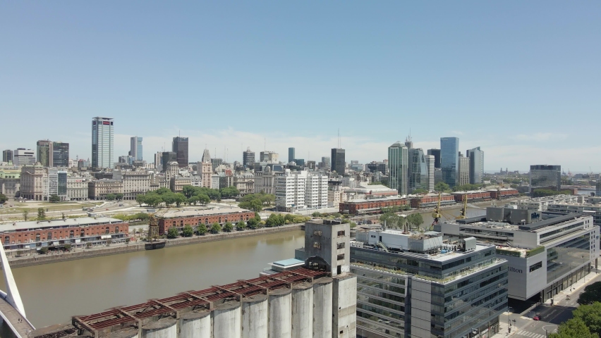 Downtown Buenos Aires Argentine modern harbour waterfront city landscape aerial push in view