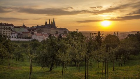Sunrise timelapse from the Strahov gardens in Prague, Czech Republic with a view of the Prague Castle