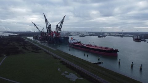 Rotterdam , Netherlands - 12 28 2020: Thialf and Sleipnir the two largest semi-submersible crane vessels.
