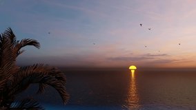Sunsets over sea video 4K. The sun touches the horizon.  