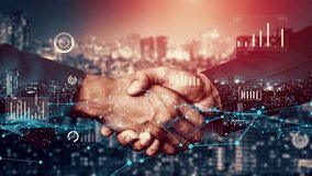 Imaginative visual business handshake with computer graphic of investment data . Futuristic business marketing and partnership deals . 3D Rendering . - Powered by Shutterstock - Get 15% off with code: PIKWIZARD15