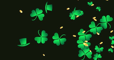 St. Patrick's Day festive animation with clover leaves, gold coins and Leprechaun hat. Four-leafed and three-leafed clover. Horizontal composition, 4k video quality