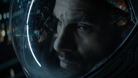 CU Portrait of African American Black male astronaut inside spaceship cockpit. Sci-fi space exploration concept. Mars mission. Shot with 2x anamorphic lens - Powered by Shutterstock - Get 15% off with code: PIKWIZARD15