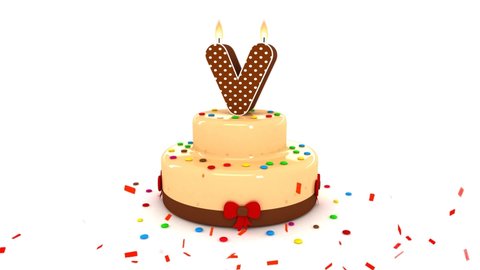 Cute Birthday Cake Animation Alphabet Letter  V  with Colorful Confetti in surprise party