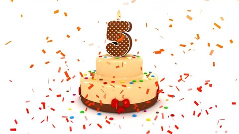 Cute Birthday Cake Animation Number  five 5   with Colorful Confetti in surprise party