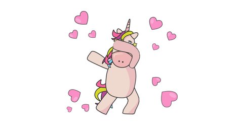 Cute cartoon dancing unicorn. Dancing dub, raised arms meme, internet meme gesture. Cartoon character. Animated 4K video without background