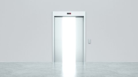 Modern elevator with open metal doors. Elevator doors reveal bright light behind them against white background. The concept of choice, business, success, new opportunities, optimism. 3D animation 4K