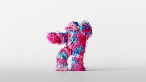 3d colorful hairy cartoon character funny dance, furry beast having fun, fluffy mascot animation, modern minimal motion design