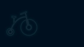 Glowing neon line Vintage bicycle with one big wheel and one small icon isolated on black background. Bike public transportation sign. 4K Video motion graphic animation.
