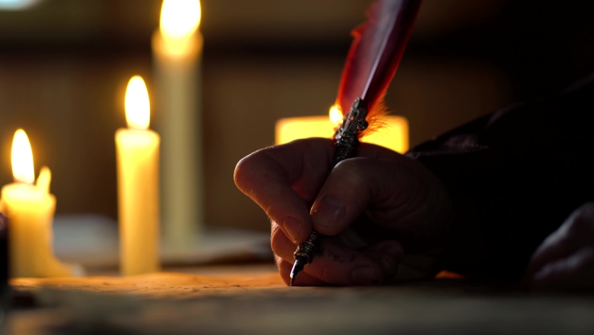 Cinematic Ancient Man Writing By Candle Light, Old Writing Royalty-Free Stock Footage #1067871227