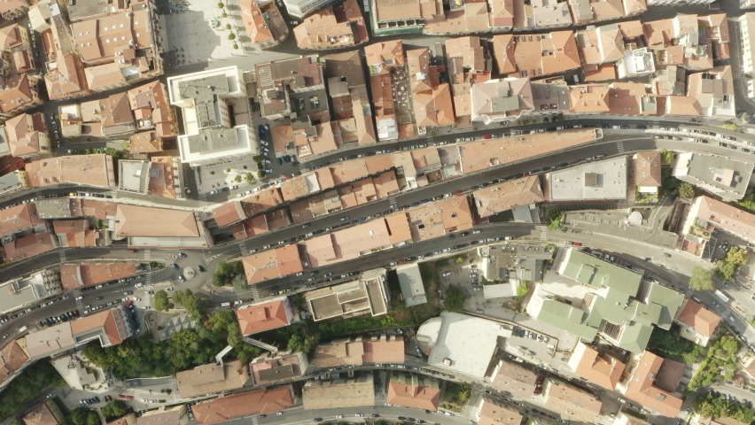 Orthogonal aerial view of the roofs of the historic center of the city of Potenza, Italy.