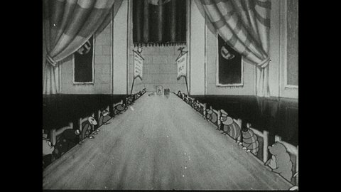 1940s: Animation of insects that sit in a meeting at a big table and cheer. Uncle Sam appears and is juxtaposed over images of a forest, a farm and cows. Uncle Sam talks.