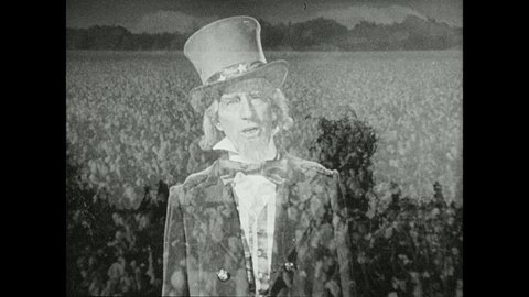 1940s: Uncle Sam talks juxtaposed over images of cotton field, military ships that move on the sea and insect pest. Malaria mosquito’s head.