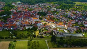 Aerial view of the city Sulzbach am Main in Germany on a cloudy day in spring.