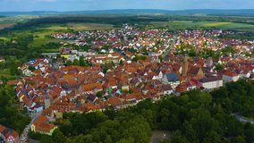 Aerial view of the old town of the  city Volkach in Germany  on a sunny day in spring.