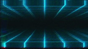 Level up sign appearing. Noise, grain, dynamic glitch effect. Retro wave style animation. Wireframe grid or net. Glowing blue colored lines motion on background. Vintage video game style footage in 4K
