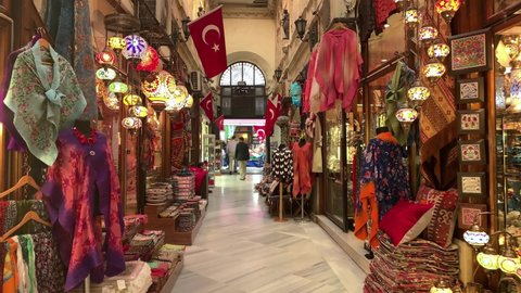 ISTANBUL - CIRCA JULY, 2019: Footage of people shopping at one of the historical passages that has mostly souvenir stores located on Istiklal Avenue in Taksim Beyoglu area of Istanbul.  