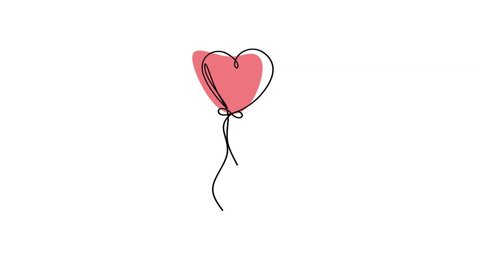 Heart balloon one line continuous drawing, single line art, romance, love sketch, romantic Valentine's day doodle animation