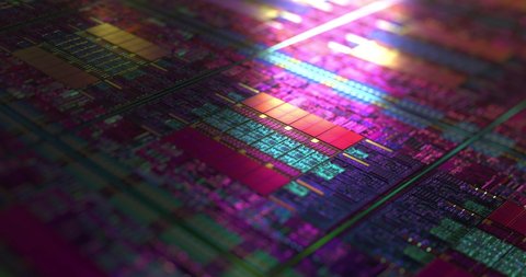 Modern CPU, GPU chip design with iridescent lighting. High-Tech electronic component with metallic reflection. Quantum computer, large data processing, database concept. 3D rendering
