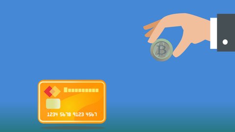 Business hand putting bitcoin to card bank animation video. Money saving motion concept.