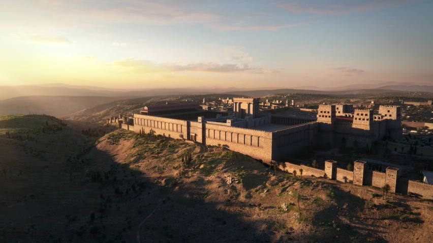 A panoramic view of the restored model of the Second Temple at dusk, which stood on the Temple Mount in Jerusalem, between 516 BCE and 70 CE. Some elements are from OpenStreetMap. Royalty-Free Stock Footage #1067894555