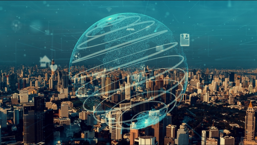 Global connection and the internet network modernization in smart city . Concept of future 5G wireless digital connecting and social media networking . Royalty-Free Stock Footage #1067897033