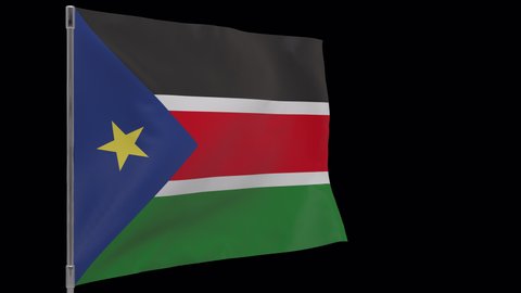 South Sudan waving flag seamless loop animation. 4k Alpha Channel transparent background. 3d South Sudan Flag on pole