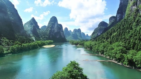 The beautiful Li River and the surrounding mountains in Guilin, Guangxi, China