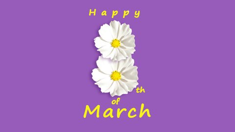 Happy 8th of March purple greeting card with white flowers animation