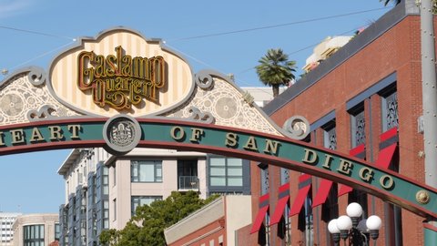 SAN DIEGO, CALIFORNIA USA - 13 FEB 2020: Gaslamp Quarter historic entrance arch sign. Retro signboard on 5th ave. Iconic vintage signage, old-fashioned tourist landmark, city symbol and sightseeing.