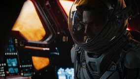 Portrait of African American Black male astronaut adjusting controls inside spaceship cockpit. Sci-fi space exploration concept. Mars mission. Shot with 2x anamorphic lens - Powered by Shutterstock - Get 15% off with code: PIKWIZARD15