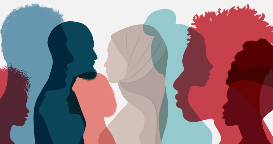 Silhouette profile group of men and women of diverse culture. Diversity multi-ethnic and multiracial people. Concept of racial equality. Mixed race. Multicultural society. Friendship