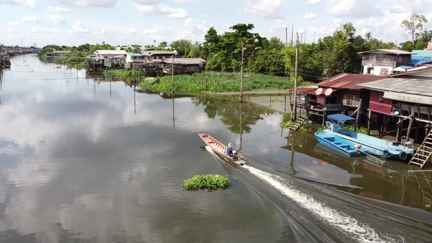 Aerial landscape of small boat with engine sailing in the river in Bangkok,Thailand
