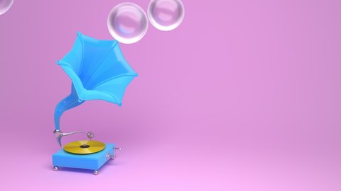 A funny, capricious blue phonograph plays with transparent bubbles. Cheerful animation in pastel colors, looped, additionally containing a depth channel.
