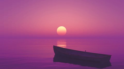 3D render of a boat on the ocean at sunrise with purple color, 3D Rendering, Perfect for cinema, Seamlessly looped animation. 