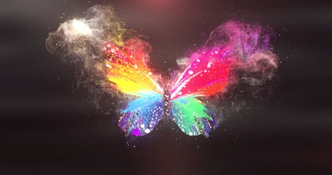 A rainbow-colored butterfly spreads its wings and disappears with a camera shake effect