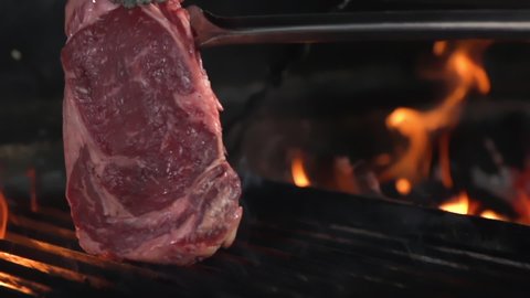 A raw piece of meat is placed on the grill
